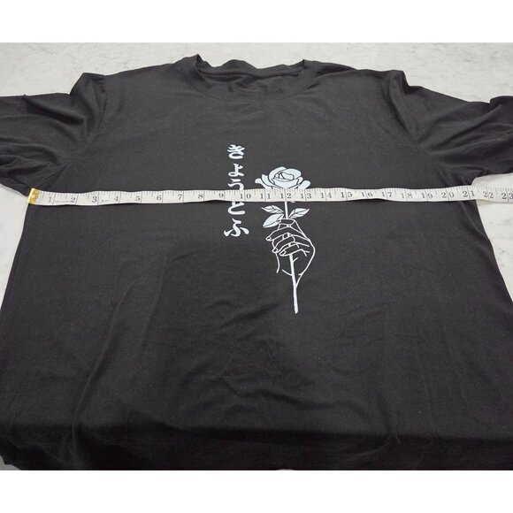Shein Mens Black Graphic Tee with Japanese Text & Rose Design Size M - Picture 6 of 7